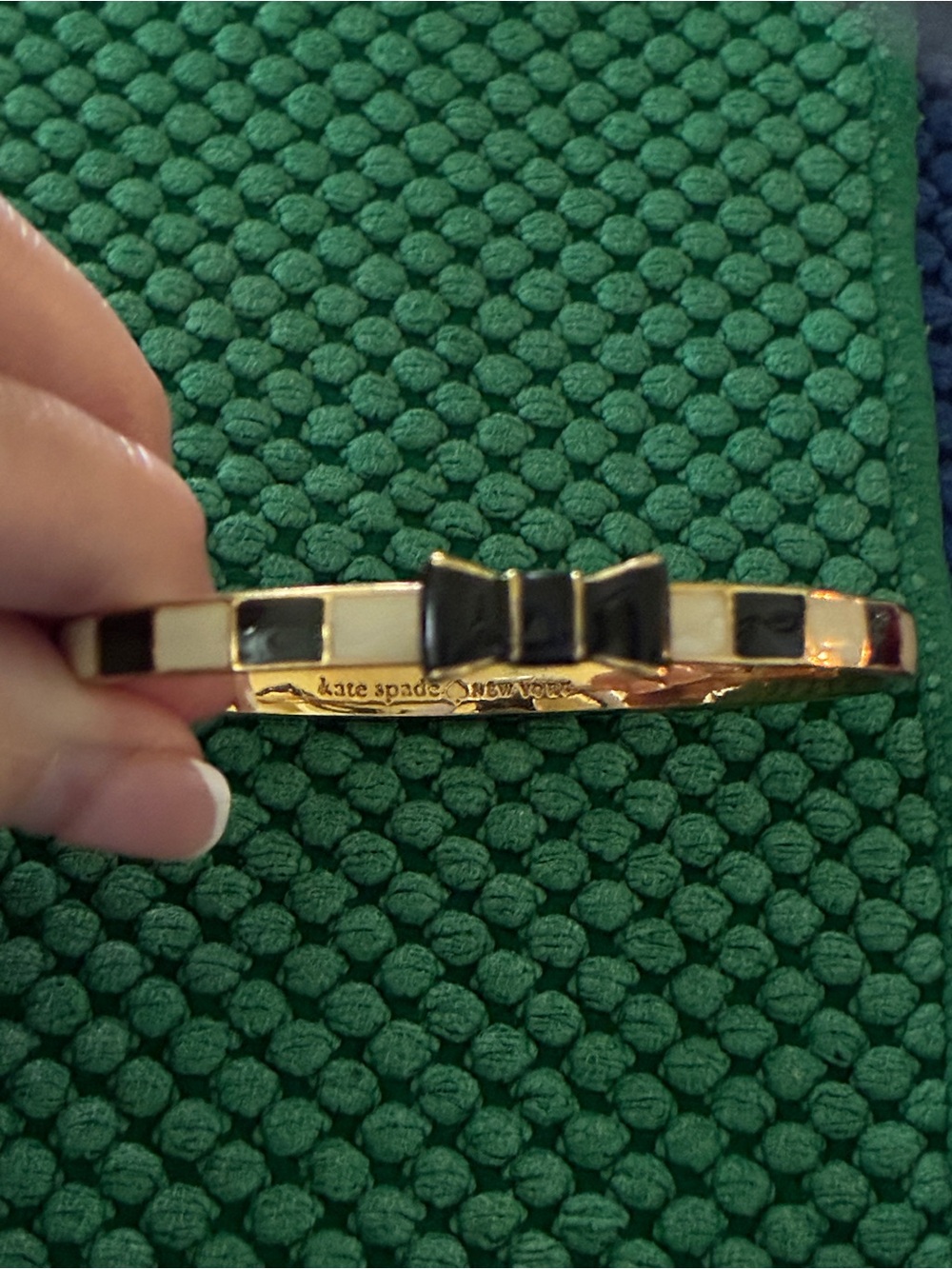 kate spade Gold Tone Bracelet with Black and Cream Enamel Bow, new